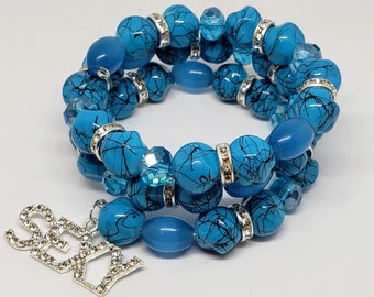 Wrap Around Bracelet Blue Stone and Glass Beads With Sexy Charm