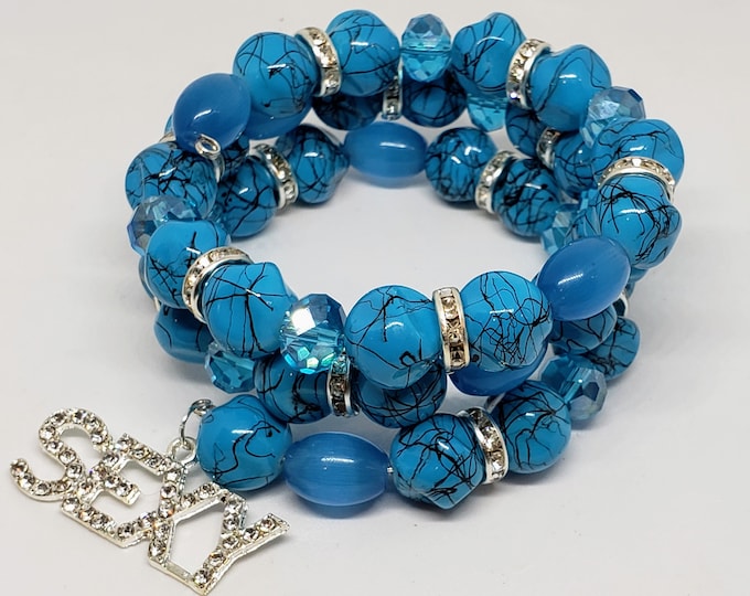 Featured listing image: Wrap Around Bracelet Blue Stone and Glass Beads With Sexy Charm