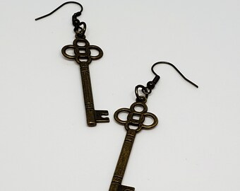 Bronze Skeleton Key Halloween Earrings 2 inches Long