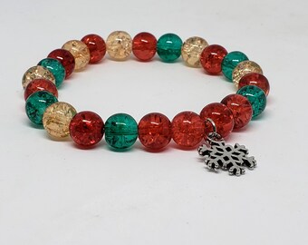 Christmas Beaded Bracelet Red Yellow and Green Snowflake Charm
