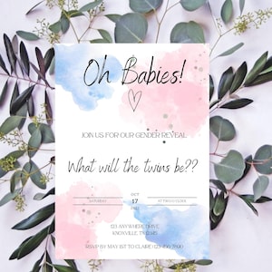 Invitación digital para revelar el género de gemelos, fiesta de revelación de género, invitación, gemelos, Oh Babies