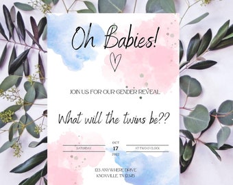 Twin Gender Reveal Invitation DIGITAL, Gender Reveal Party, Invitation, Twins, Oh Babies