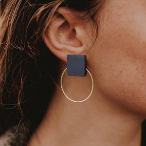 Black earrings with a gold or silver brass, Geometric earrings, Minimal and original design