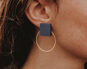 Black earrings with a gold or silver brass, Geometric earrings, Minimal and original design