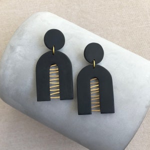Geometric black earrings with golden brass, Modern and original design image 1