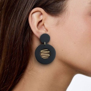Circular black earrings with golden brass Geometric earrings image 1