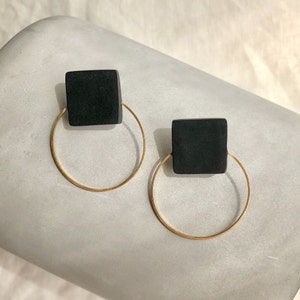 Black earrings with a gold or silver brass, Geometric earrings, Minimal and original design image 2
