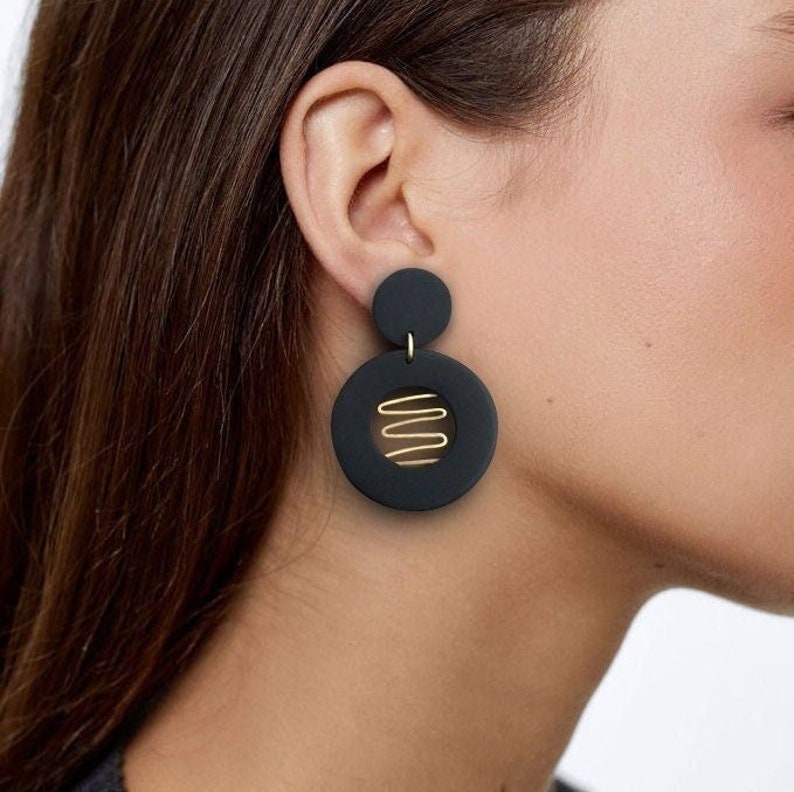 Circular black earrings with golden brass Geometric earrings image 1