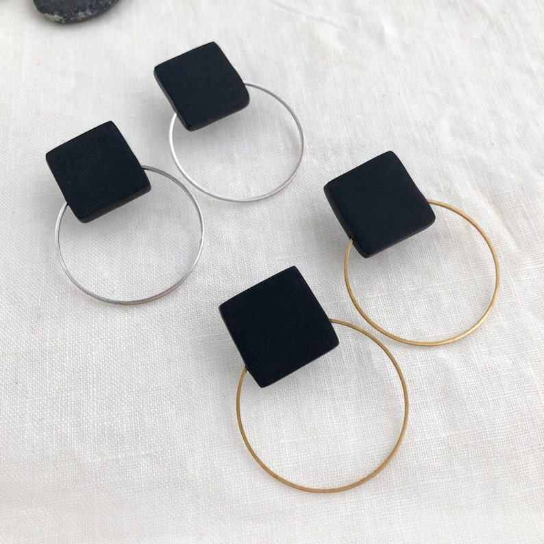 Black earrings with a gold or silver brass, Geometric earrings, Minimal and original design image 7