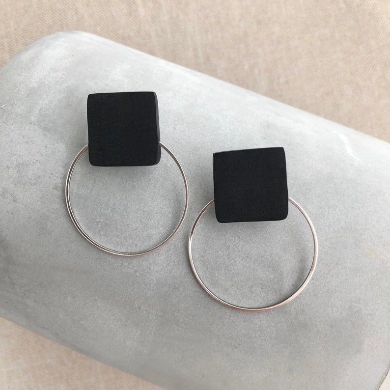 Black earrings with a gold or silver brass, Geometric earrings, Minimal and original design image 3