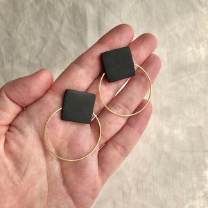 Black earrings with a gold or silver brass, Geometric earrings, Minimal and original design image 6