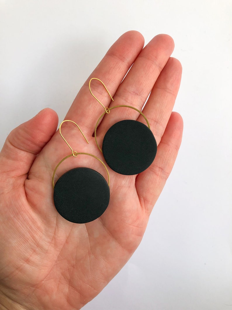 Long black earrings with golden brass Geometric earrings Minimal and original design image 3