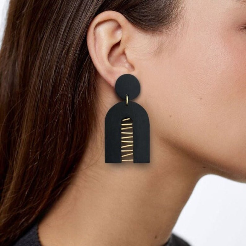 Geometric black earrings with golden brass, Modern and original design image 2