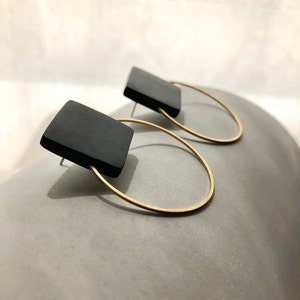 Black earrings with a gold or silver brass, Geometric earrings, Minimal and original design image 4