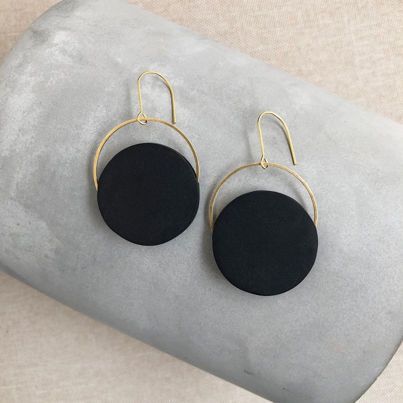 Long black earrings with golden brass Geometric earrings Minimal and original design image 2