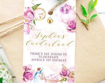 Alice in Wonderland Party Favor Tags, Editable Girl's 1st Birthday Thank You Tags, Floral Watercolor Tea Party Instant Download