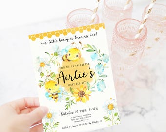 Bee 1st Birthday Invitation | Honey Bee First Year Party Invite | Our Little Honey Girl or Boy | Editable Digital Download Template