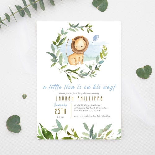 Printable Lion Baby Shower Invitation Template Watercolor - Etsy