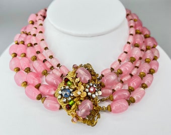 Miriam Haskell Necklace Pate de Verre Gripoix Glass Multi Pink Swirls Choker