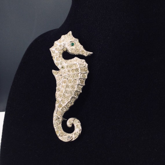 Vintage Rhinestone Seahorse Brooch Figural - image 1