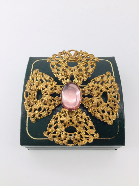 Miriam Haskell Signed Brooch Filigree Brass - image 3