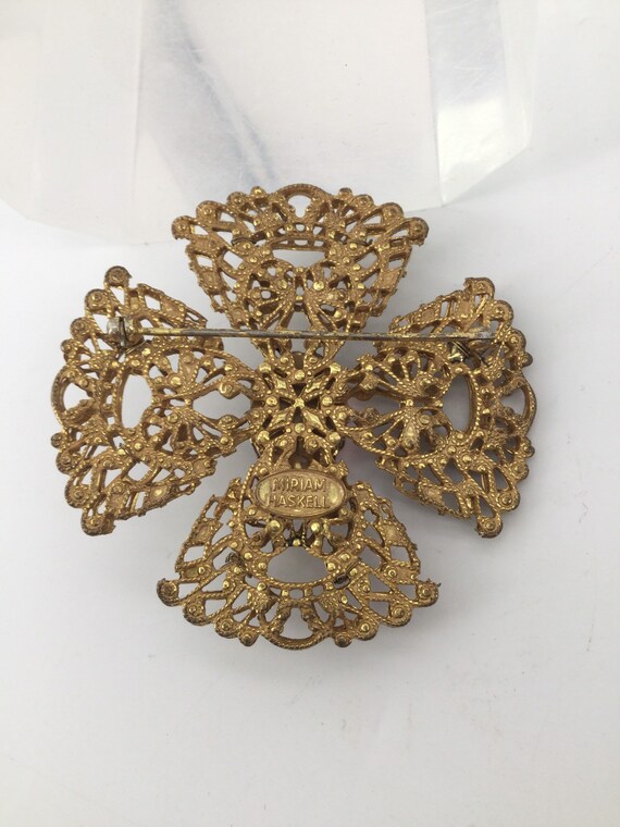 Miriam Haskell Signed Brooch Filigree Brass - image 7