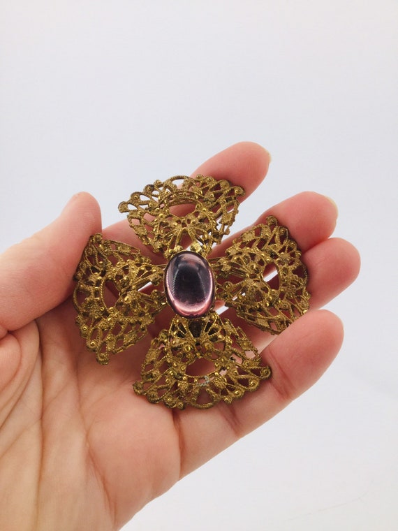 Miriam Haskell Signed Brooch Filigree Brass - image 6