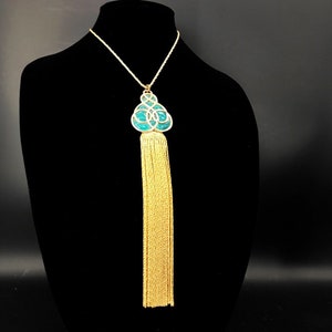 1970 Christian Dior Plique-a-Jour Long Tassel Necklace Dated Verde Gripoix