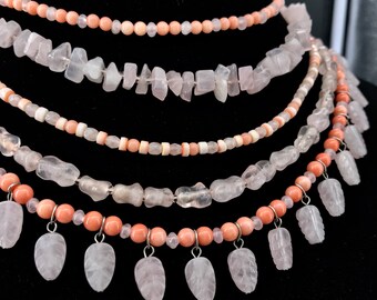 Graziano Angel Coral & Rose Quartz Bib Necklace Multi Strands Leaves Designer Dangle Runway Stunning