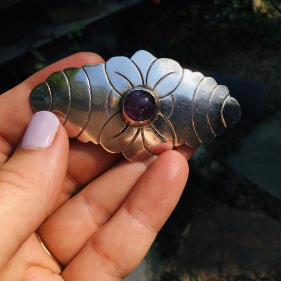 Vintage Early Mexican Amethyst Sterling Brooch - image 1