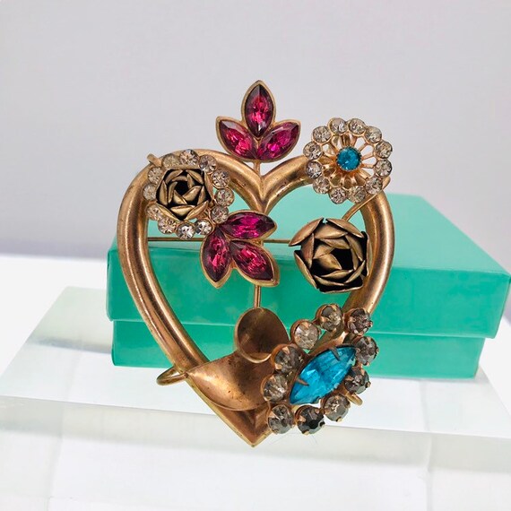 1950s heart brooch rose buds rhinestones - image 3