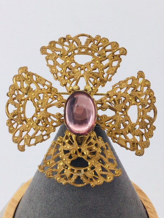 Miriam Haskell Signed Brooch Filigree Brass - image 1