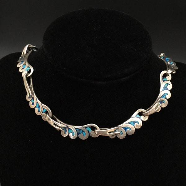 Vintage Mod Wave Taxco Siver & Turquoise Choker Necklace