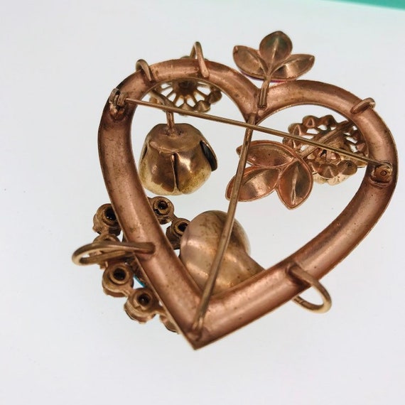 1950s heart brooch rose buds rhinestones - image 7