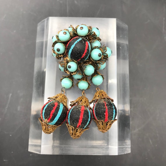 Early 1930's Miriam Haskell Unsigned Dangle Brooch Turquoise Glass