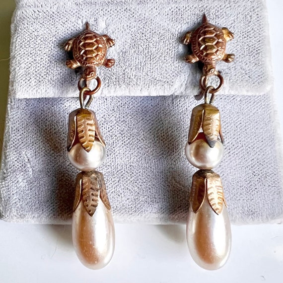 Miriam Haskell Turtle Earrings Pearl Clipon - image 1