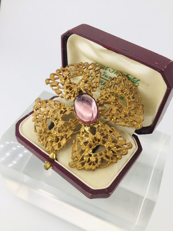 Miriam Haskell Signed Brooch Filigree Brass - image 2