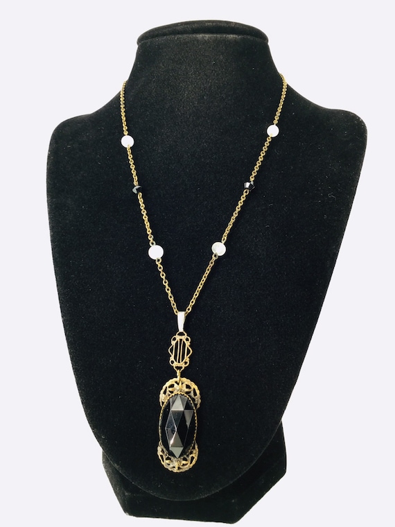 Edwardian Necklace Black Glass Brass Antique