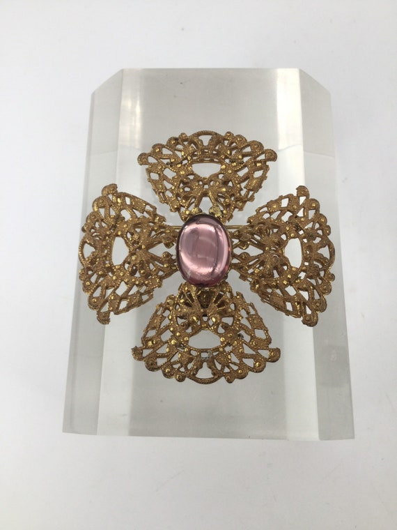 Miriam Haskell Signed Brooch Filigree Brass - image 5