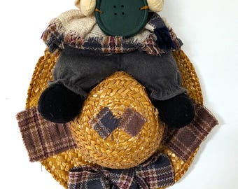 Vintage Handmade Rag Doll on Straw Hat – Whimsical Wall Art, Wall decoration, 19"