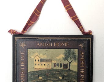 Amish Home - Vintage painting on a wooden board, signed by the artist 5 1/2"х 6 3/4"