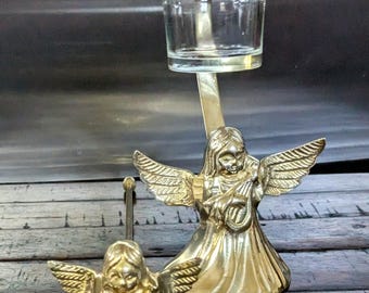 Vintage 1970s Solid Brass Angel Candlestick & Matching Angel Snuffer Set - MCM Celestial Decor