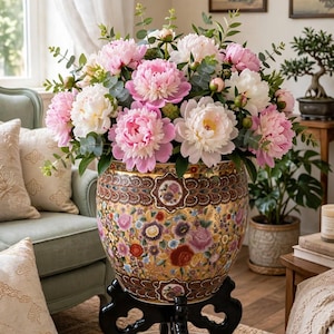 Vintage Chinese-Style Floral Koi Jardinière Planter with Black Ornate Stand | Large Decorative Porcelain Pot | Asian-Inspired Home Decor
