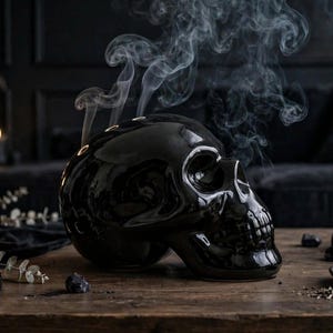 Black Ceramic Skull Aroma Diffuser - 4" Skull Scented Salt Holder - Gothic Fragrance Decor - Halloween Skull Incense Burner 6"