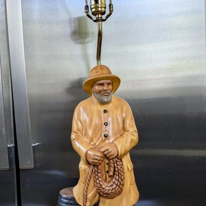 Vintage 33” Ship Captain Nautical Lamp - Large Ceramic Fisherman Statuette - Wood Base - Coastal Beach House Decor - Mid-Century Maritime