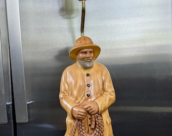 Vintage 33” Ship Captain Nautical Lamp - Large Ceramic Fisherman Statuette - Wood Base - Coastal Beach House Decor - Mid-Century Maritime