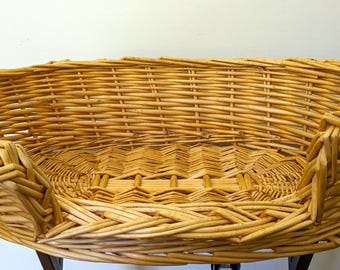 Vintage Handmade Willow Pet Bed - Large 33" Woven Dog or Cat Bed - Rustic Boho Pet Furniture - Low Profile Wicker Basket Eco-Friendly Decor