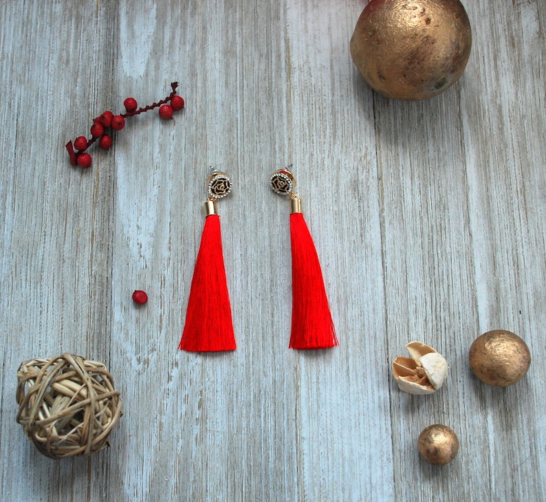 Wedding Earrings Gift-for-Her Valentine/'s Day Gift Statement Earrings Long Red Tassel Crystal Earrings Tassel Statement Jewelry