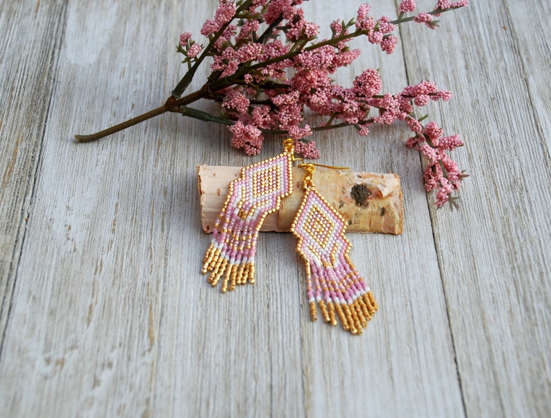 Pink Fringe Earrings, Beaded Work, Long Geometric Earrings, Native Beaded Earrings, Seed Bead Earrings, Shoulder Dusters, Gift-for-Her image 8