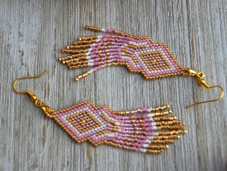 Pink Fringe Earrings, Beaded Work, Long Geometric Earrings, Native Beaded Earrings, Seed Bead Earrings, Shoulder Dusters, Gift-for-Her image 6